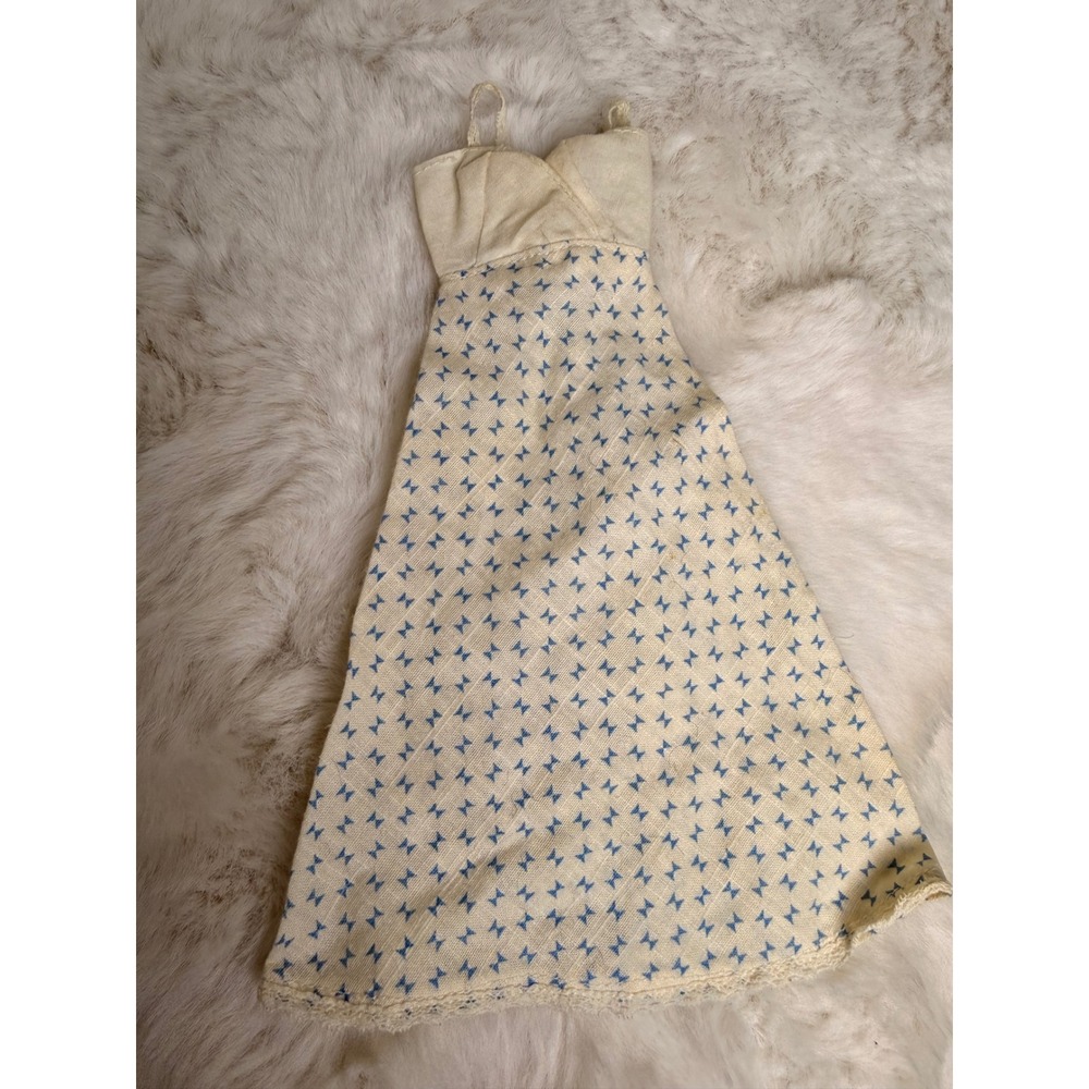 Vintage 1960s Clone Barbie Dress Cream Blue Bow Print Maxi with Metal Snaps